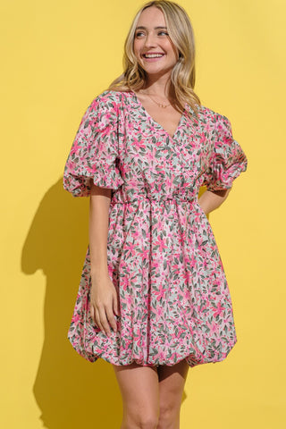 Shop And The Why Full Size Floral Surplice Puff Sleeve Dress - High-Quality U.S. Made Women’s Fashion with Free & Fast Shipping