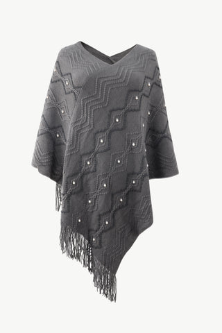 Shop Pearl Trim V-Neck Fringe Hem Poncho - High-Quality U.S. Made Women’s Fashion with Free Fast Shipping