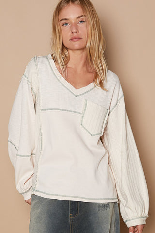 Shop Cream POL V-Neck knit Panel Exposed Seam Top - High-Quality U.S. Made Women’s Fashion with Free & Fast Shipping