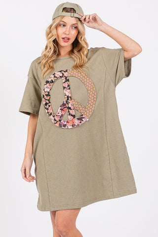 Shop Olive Drab SAGE + FIG Full Size Peace Sign Applique Short Sleeve Tee Dress - High-Quality U.S. Made Women’s Fashion with Free & Fast Shipping