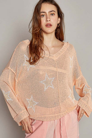 Shop POL V-Neck Long Sleeve Star Print Knit Top - High-Quality U.S. Made Women’s Fashion with Free & Fast Shipping