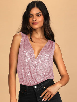 Shop Pink Sequin Surplice Sleeveless Bodysuit - High-Quality U.S. Made Women’s Fashion with Free & Fast Shipping