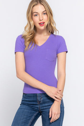 Shop PURPLE ACTIVE BASIC V-Neck Ribbed Short Sleeve Knit T-Shirt - High-Quality U.S. Made Women’s Fashion with Free & Fast Shipping