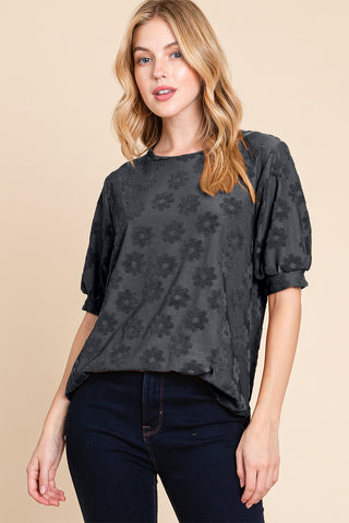 Shop Black BOMBOM Textured Floral Pattern Top - High-Quality U.S. Made Women’s Fashion with Free & Fast Shipping