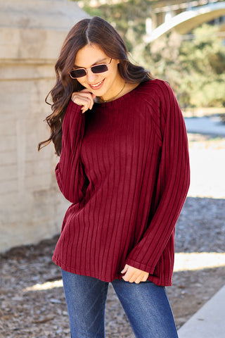 Shop Scarlet Basic Bae Full Size Ribbed Round Neck Long Sleeve Knit Top - High-Quality U.S. Made Women’s Fashion with Free & Fast Shipping