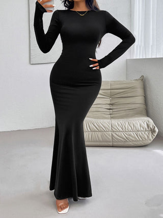 Shop Devine Backless Round Neck Long Sleeve Maxi Dress - High-Quality U.S. Made Women’s Fashion with Free Fast Shipping