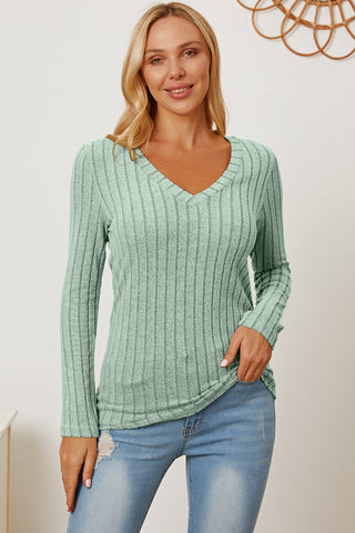 Shop Basic Bae Full Size Ribbed V-Neck Long Sleeve T-Shirt - High-Quality U.S. Made Women’s Fashion with Free & Fast Shipping