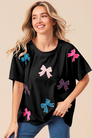 Shop Black BiBi Sequin Bow Patch Short Sleeve T-Shirt - High-Quality U.S. Made Women’s Fashion with Free & Fast Shipping