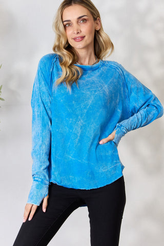 Shop Ocean Blue Zenana Round Neck Long Sleeve Top - High-Quality U.S. Made Women’s Fashion with Free & Fast Shipping