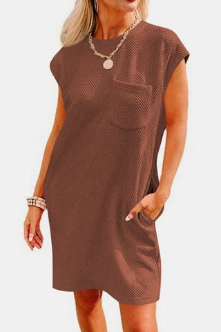 Shop Textured Round Neck Cap Sleeve Dress - High-Quality U.S. Made Women’s Fashion with Free & Fast Shipping