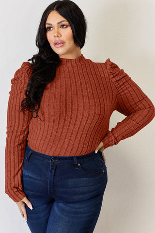 Shop Basic Bae Full Size Ribbed Mock Neck Puff Sleeve T-Shirt - High-Quality U.S. Made Women’s Fashion with Free & Fast Shipping