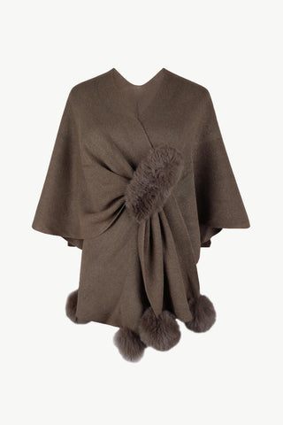 Shop Taupe One Size Surplice Neck Pom-Pom Trim Poncho - High-Quality U.S. Made Women’s Fashion with Free & Fast Shipping