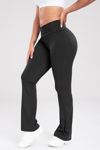 Shop Black Wide Waistband Bootcut Active Pants - High-Quality U.S. Made Women’s Fashion with Free & Fast Shipping