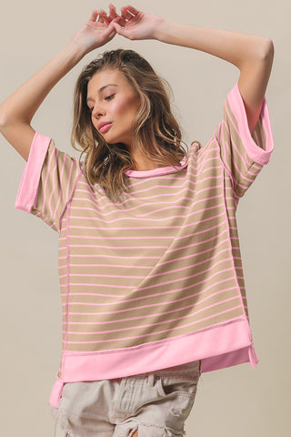 Shop BiBi Exposed Seam Stripe Contrast T-Shirt - High-Quality U.S. Made Women’s Fashion with Free & Fast Shipping