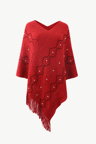 Shop Pearl Trim V-Neck Fringe Hem Poncho - High-Quality U.S. Made Women’s Fashion with Free Fast Shipping