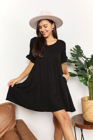 Shop V-Neck Flounce Sleeve Tiered Dress - High-Quality U.S. Made Women’s Fashion with Free & Fast Shipping