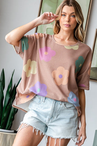 Shop Mocha HOPELY Full Size Floral Round Neck Side Slit Waffle T-Shirt - High-Quality U.S. Made Women’s Fashion with Free & Fast Shipping