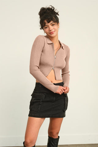 Shop HYFVE Ribbed Double Zip Cropped Cardigan - High-Quality U.S. Made Women’s Fashion with Free & Fast Shipping