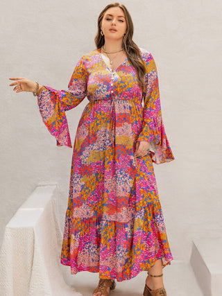 Shop Plus Size Printed V-Neck Long Sleeve Maxi Dress - High-Quality U.S. Made Women’s Fashion with Free & Fast Shipping