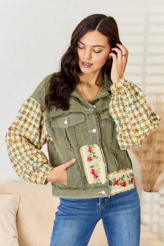 Shop SMJ356-OLIVE POL Embroidered Button Down Raw Hem Shacket - High-Quality U.S. Made Women’s Fashion with Free & Fast Shipping