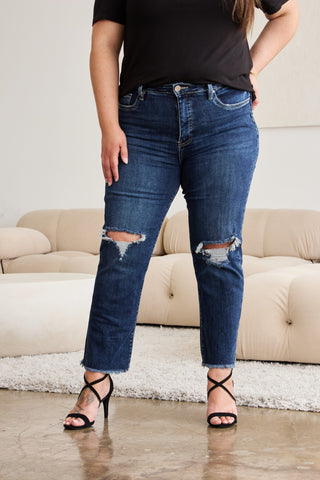 Shop RFM Crop Dylan Full Size Tummy Control Distressed High Waist Raw Hem Jeans - High-Quality U.S. Made Women’s Fashion with Free Fast Shipping