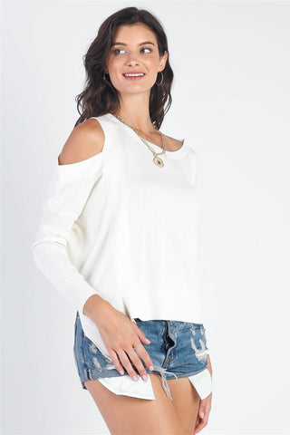 Shop White UNIQ Cold Shoulder Long Sleeve Knit Top - High-Quality U.S. Made Women’s Fashion with Free & Fast Shipping