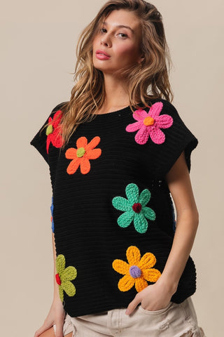 Shop BiBi Flower Round Neck Cap Sleeve Knit Top - High-Quality U.S. Made Women’s Fashion with Free & Fast Shipping