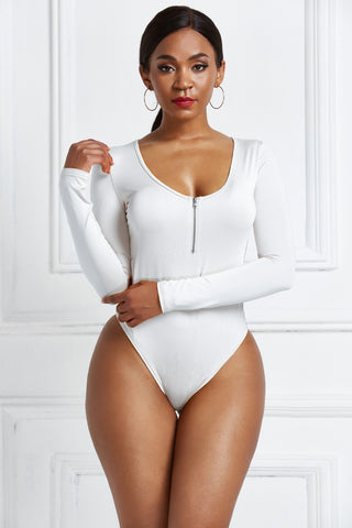 Shop White Half Zip Scoop Neck Long Sleeve Bodysuit - High-Quality U.S. Made Women’s Fashion with Free & Fast Shipping