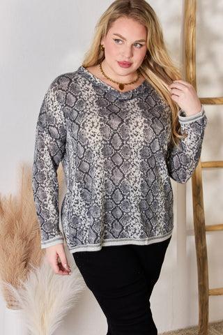 Shop Hailey & Co Full Size Snakeskin V-Neck Long Sleeve Top - High-Quality U.S. Made Women’s Fashion with Free & Fast Shipping