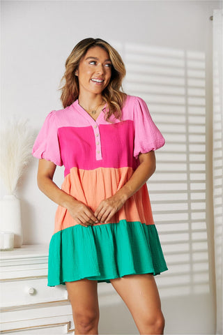 Shop Double Take Color Block Buttoned Puff Sleeve Dress - High-Quality U.S. Made Women’s Fashion with Free & Fast Shipping