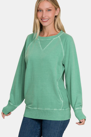 Shop Dk Green Zenana Pocketed Round Neck Long Sleeve Sweatshirt - High-Quality U.S. Made Women’s Fashion with Free & Fast Shipping