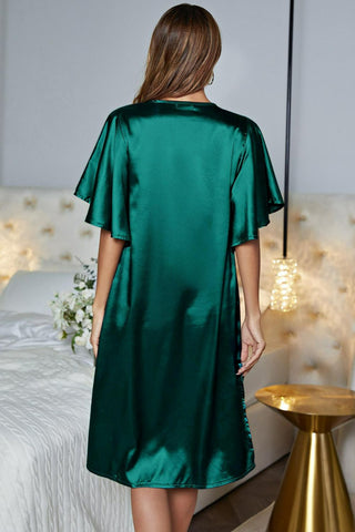 Shop Satin Flutter Sleeve Side Slit V-Neck Night Dress - High-Quality U.S. Made Women’s Fashion with Free & Fast Shipping