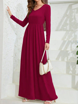 Shop Pocketed V-Neck Long Sleeve Maxi Dress - High-Quality U.S. Made Women’s Fashion with Free Fast Shipping