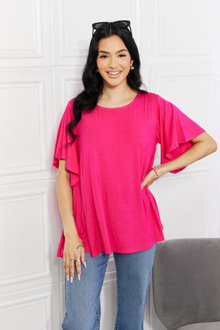 Shop Hot Pink Yelete Full Size More Than Words Flutter Sleeve Top - High-Quality U.S. Made Women’s Fashion with Free & Fast Shipping