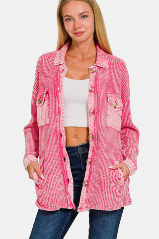 Shop FUCHSIA Zenana Waffle-Knit Button Up Dropped Shoulder Jacket - High-Quality U.S. Made Women’s Fashion with Free & Fast Shipping