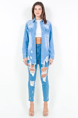 Shop American Bazi Frayed Hem Distressed Denim Shirt Jacket - High-Quality U.S. Made Women’s Fashion with Free & Fast Shipping