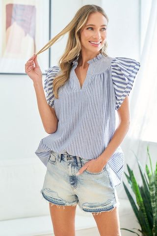 Shop Blue First Love Full Size Striped Flutter Sleeve Blouse - High-Quality U.S. Made Women’s Fashion with Free & Fast Shipping