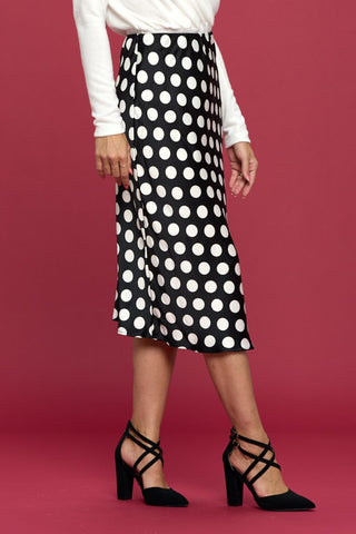 Shop RENEE C Polka Dot Satin Midi Skirt - High-Quality U.S. Made Women’s Fashion with Free & Fast Shipping