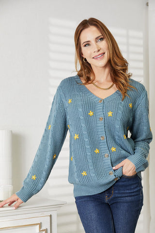 Shop HEYSON Full Size Floral Embroidered Cable Cardigan - High-Quality U.S. Made Women’s Fashion with Free & Fast Shipping