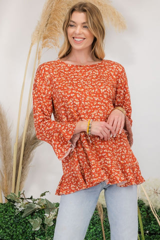 Shop Rust Celeste Full Size Floral Ruffle Detail Top - High-Quality U.S. Made Women’s Fashion with Free & Fast Shipping