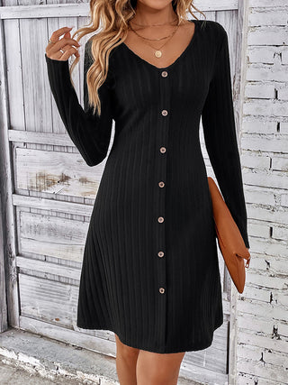 Shop Black V-Neck Long Sleeve Mini Dress - High-Quality U.S. Made Women’s Fashion with Free & Fast Shipping