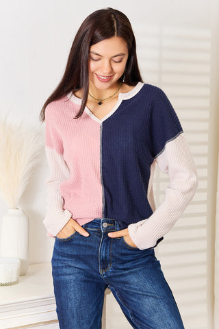 Shop Pink Blue Heimish Full Size Solid Color Block Contrast Top - High-Quality U.S. Made Women’s Fashion with Free & Fast Shipping