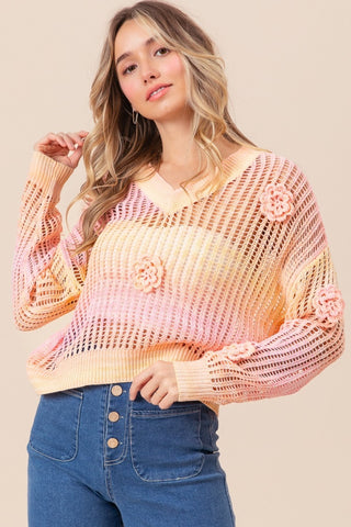 Shop BiBi Ombre Crochet Flower Knit Top - High-Quality U.S. Made Women’s Fashion with Free & Fast Shipping