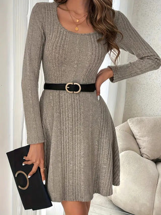 Shop Ribbed Scoop Neck Long Sleeve Sweater Dress - High-Quality U.S. Made Women’s Fashion with Free & Fast Shipping