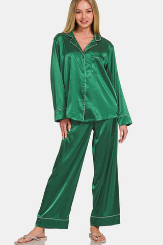 Shop Zenana Satin Long Sleeve Shirt and Pants Pajama Set - High-Quality U.S. Made Women’s Fashion with Free Fast Shipping