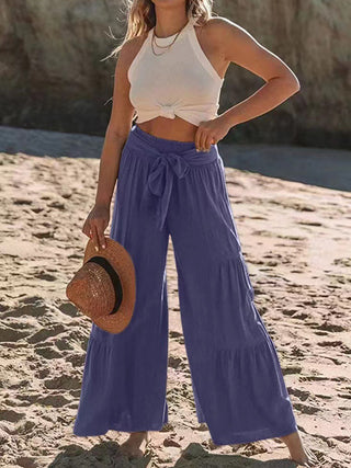 Shop Tied Ruched Wide Leg Pants - High-Quality U.S. Made Women’s Fashion with Free & Fast Shipping