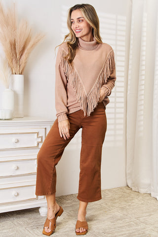 Shop Woven Right Turtleneck Fringe Front Long Sleeve Sweater - High-Quality U.S. Made Women’s Fashion with Free Fast Shipping