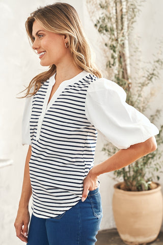 Shop Hailey & Co Striped Contrast Puff Sleeve Top - High-Quality U.S. Made Women’s Fashion with Free & Fast Shipping