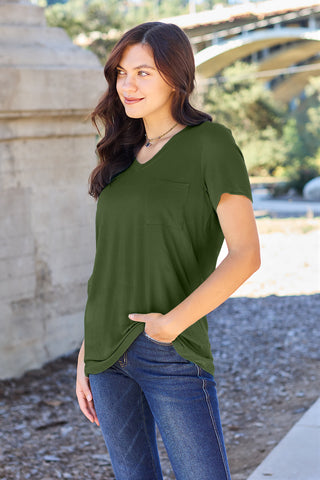 Shop Matcha Green Basic Bae Full Size V-Neck Short Sleeve T-Shirt - High-Quality U.S. Made Women’s Fashion with Free & Fast Shipping