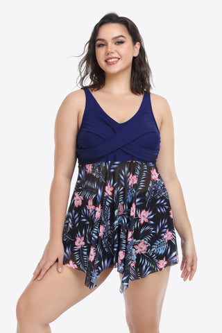 Shop Plus Size Floral Two-Tone Asymmetrical Hem Two-Piece Swimsuit - High-Quality U.S. Made Women’s Fashion with Free Fast Shipping